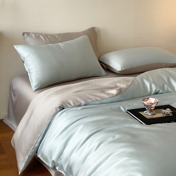 91家纺网 家纺一手货源 找家纺 麦田家纺 2025新款A类60S纯色兰精天丝四件套 映霜蓝-霜华银