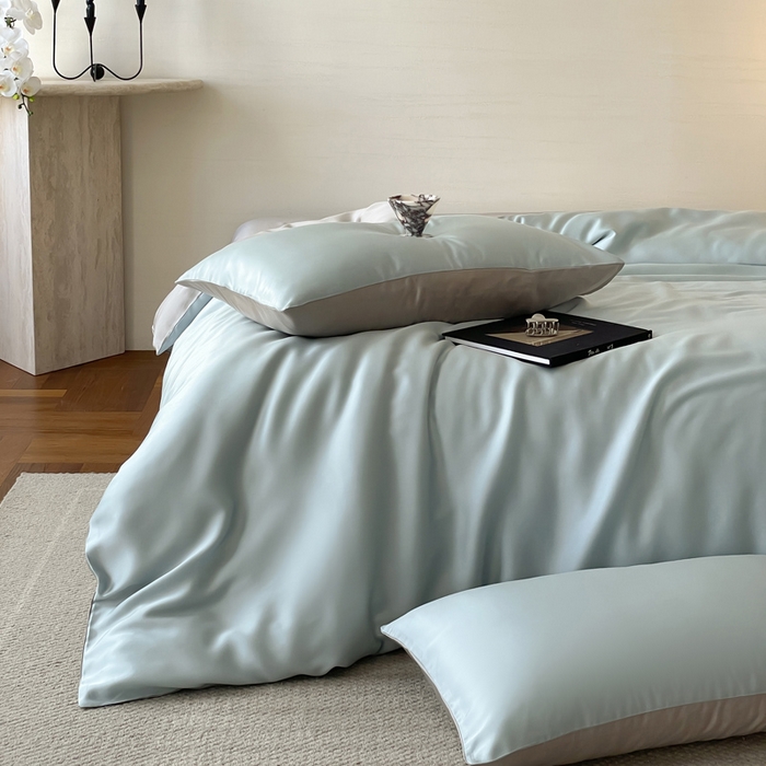 91家纺网 家纺一手货源 找家纺 麦田家纺 2025新款A类60S纯色兰精天丝四件套 映霜蓝-霜华银