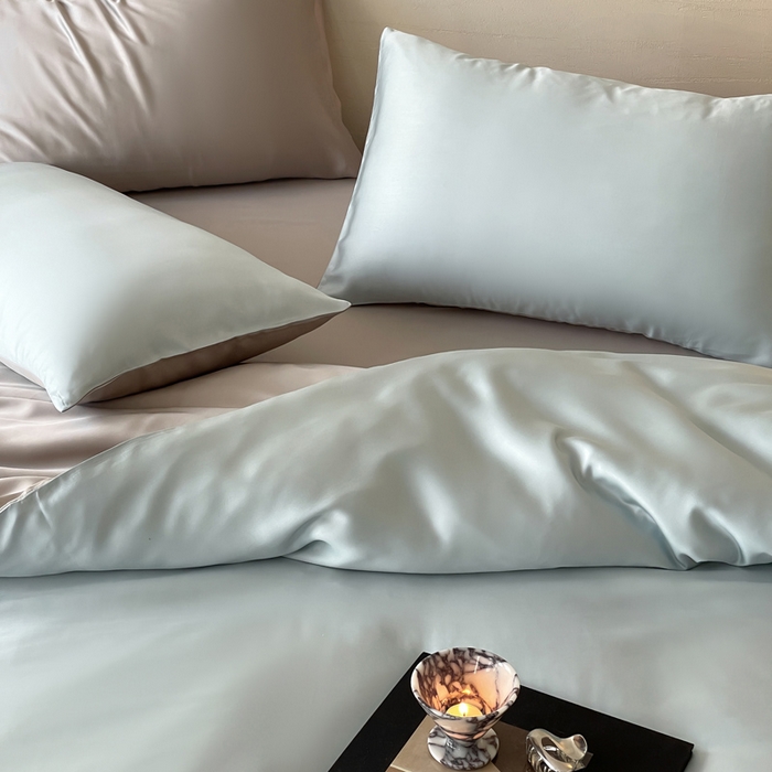 91家纺网 家纺一手货源 找家纺 麦田家纺 2025新款A类60S纯色兰精天丝四件套 映霜蓝-霜华银