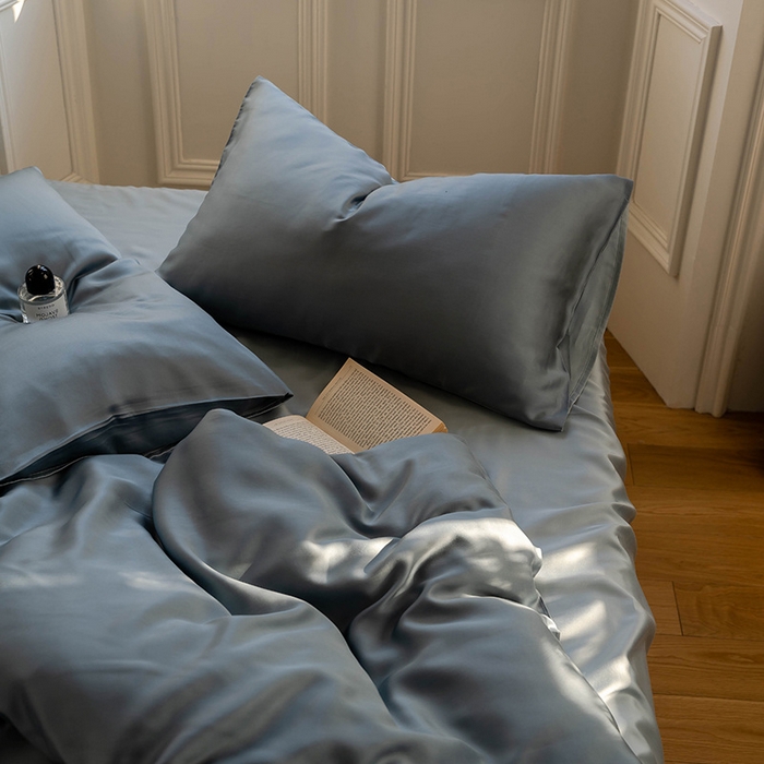 91家纺网 家纺一手货源 找家纺 麦田家纺 2025新款A类60S纯色兰精天丝四件套 灰蓝色-冰川灰