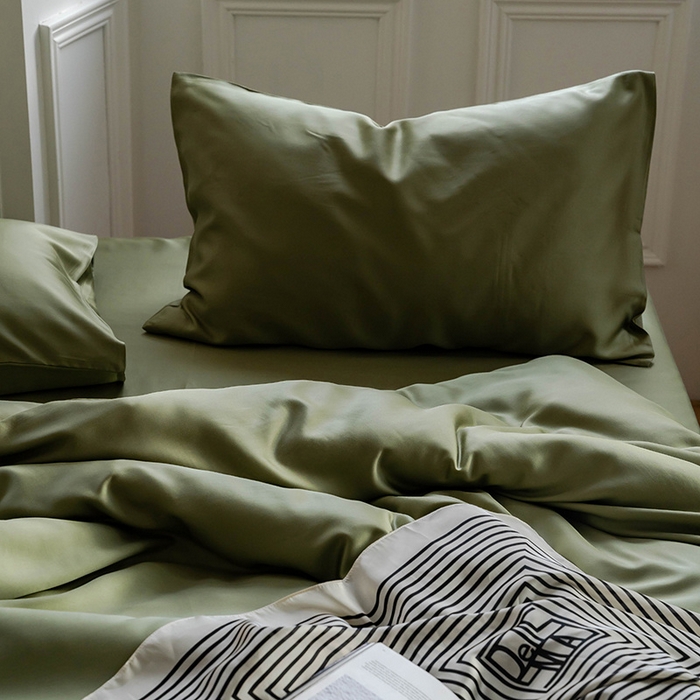 91家纺网 家纺一手货源 找家纺 麦田家纺 2025新款A类60S纯色兰精天丝四件套 欧芹绿