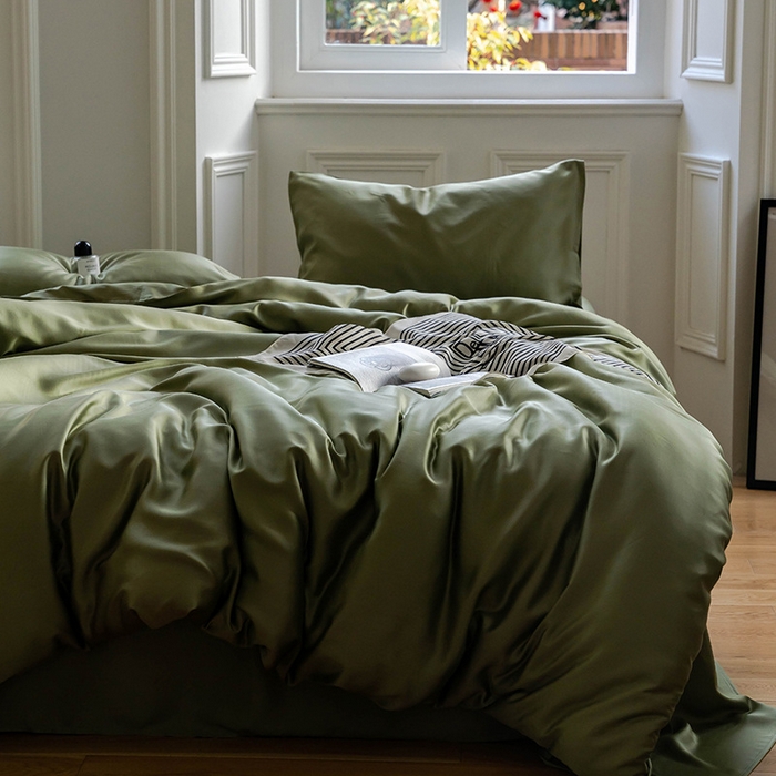 91家纺网 家纺一手货源 找家纺 麦田家纺 2025新款A类60S纯色兰精天丝四件套 欧芹绿