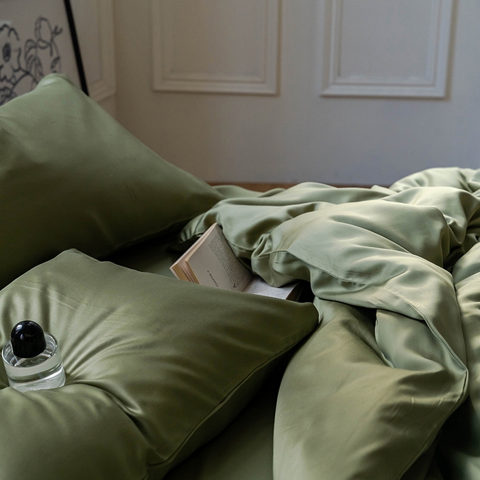 91家纺网 家纺一手货源 找家纺 麦田家纺 2025新款A类60S纯色兰精天丝四件套 欧芹绿