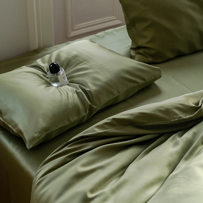 91家纺网 家纺一手货源 找家纺 麦田家纺 2025新款A类60S纯色兰精天丝四件套 欧芹绿