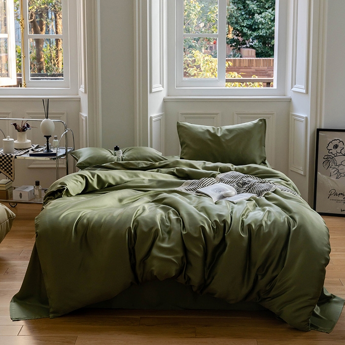 91家纺网 家纺一手货源 找家纺 麦田家纺 2025新款A类60S纯色兰精天丝四件套 欧芹绿