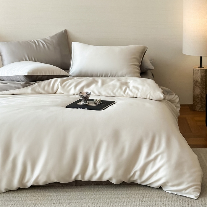 91家纺网 家纺一手货源 找家纺 麦田家纺 2025新款A类60S纯色兰精天丝四件套 乳蛋白-冷岩灰