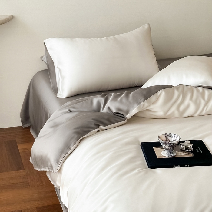 91家纺网 家纺一手货源 找家纺 麦田家纺 2025新款A类60S纯色兰精天丝四件套 乳蛋白-冷岩灰