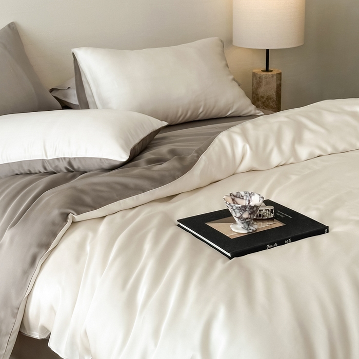 91家纺网 家纺一手货源 找家纺 麦田家纺 2025新款A类60S纯色兰精天丝四件套 乳蛋白-冷岩灰