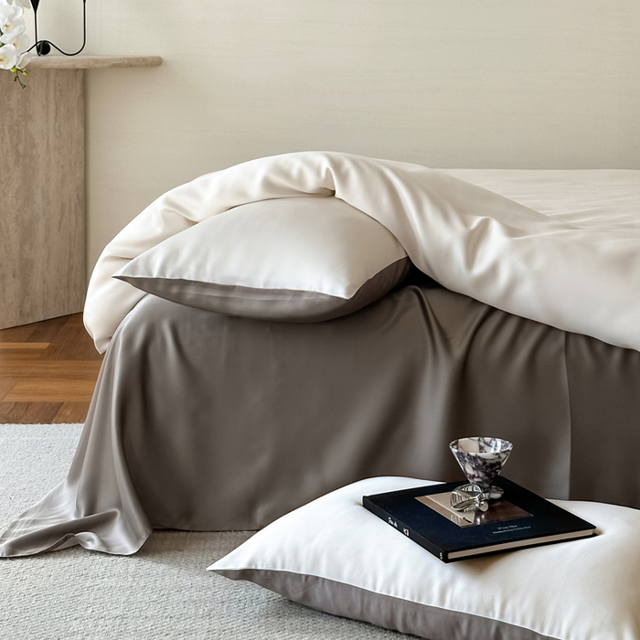 91家纺网 家纺一手货源 找家纺 麦田家纺 2025新款A类60S纯色兰精天丝四件套 乳蛋白-冷岩灰