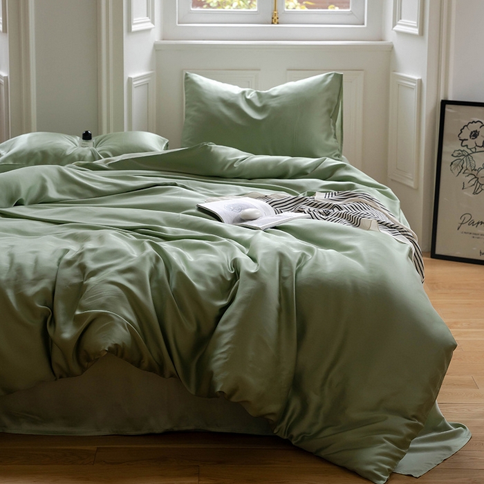 91家纺网 家纺一手货源 找家纺 麦田家纺 2025新款A类60S纯色兰精天丝四件套 香奈儿绿-嫩叶绿