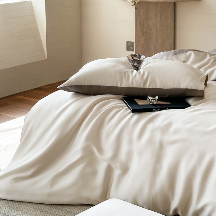 91家纺网 家纺一手货源 找家纺 麦田家纺 2025新款A类60S纯色兰精天丝四件套 乳蛋白-冷岩灰