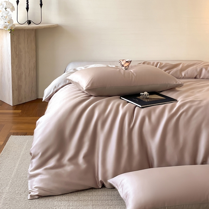 91家纺网 家纺一手货源 找家纺 麦田家纺 2025新款A类60S纯色兰精天丝四件套 夜影凝香-霜华银