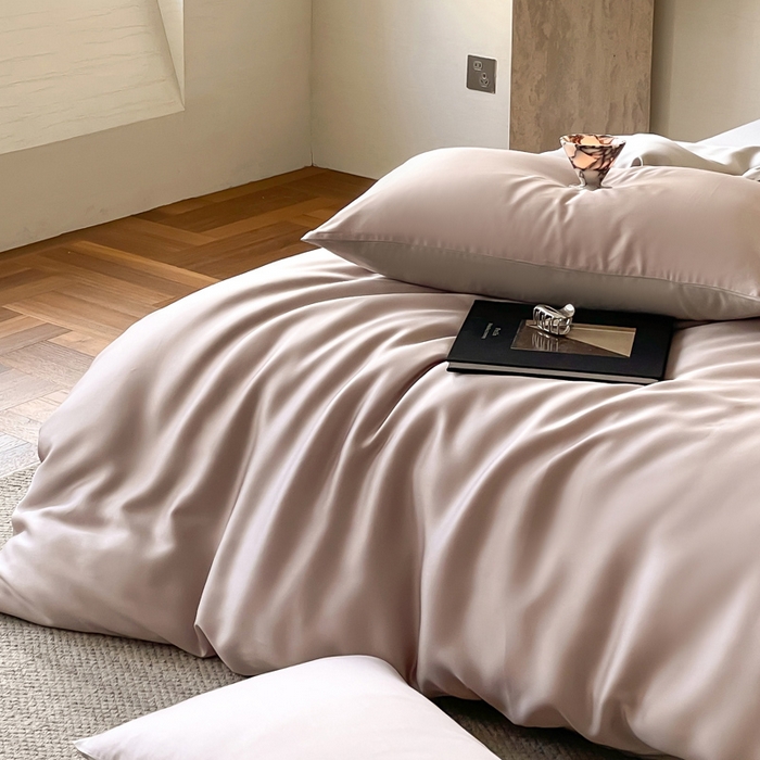 91家纺网 家纺一手货源 找家纺 麦田家纺 2025新款A类60S纯色兰精天丝四件套 夜影凝香-霜华银