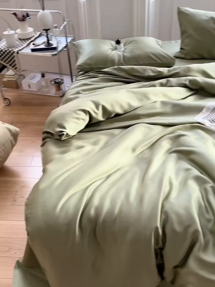 91家纺网 家纺一手货源 找家纺 麦田家纺 2025新款A类60S纯色兰精天丝四件套 欧芹绿