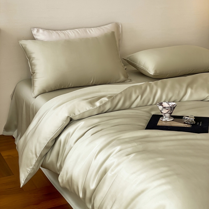 91家纺网 家纺一手货源 找家纺 麦田家纺 2025新款A类60S纯色兰精天丝四件套 烟轻绿