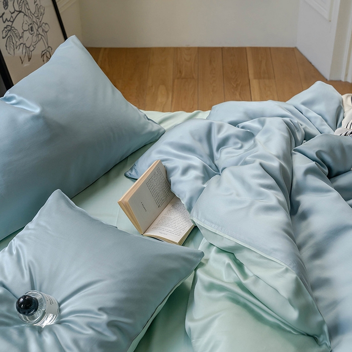 91家纺网 家纺一手货源 找家纺 麦田家纺 2025新款A类60S纯色兰精天丝四件套 天空蓝-浅艾绿