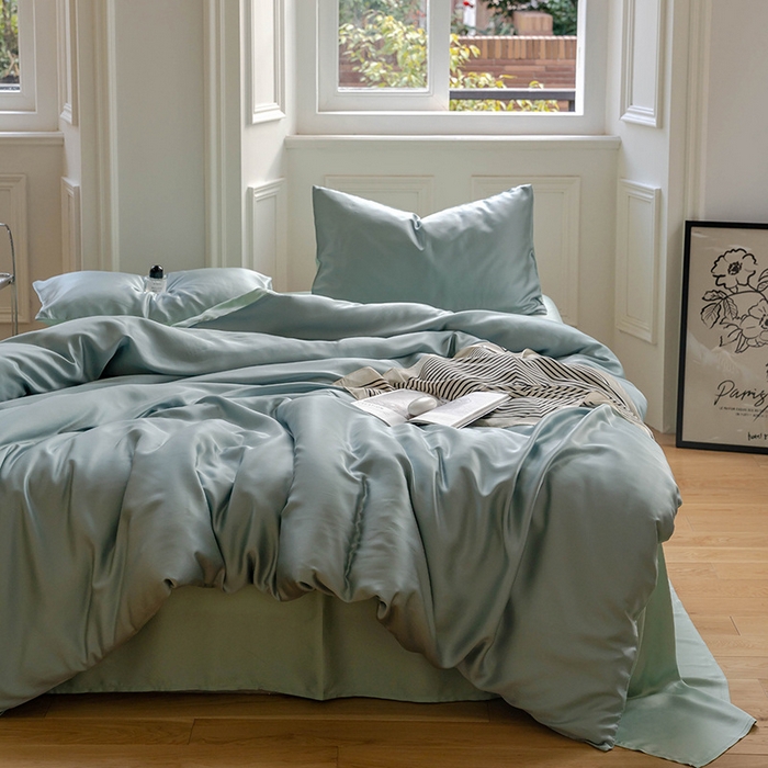 91家纺网 家纺一手货源 找家纺 麦田家纺 2025新款A类60S纯色兰精天丝四件套 天空蓝-浅艾绿