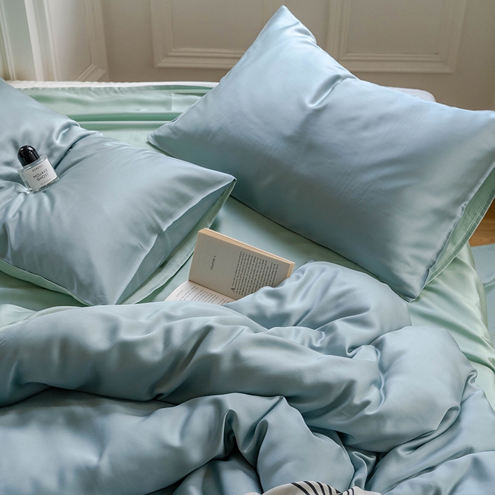 91家纺网 家纺一手货源 找家纺 麦田家纺 2025新款A类60S纯色兰精天丝四件套 天空蓝-浅艾绿