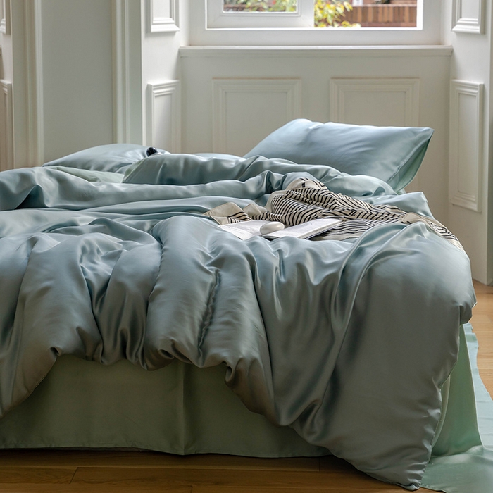 91家纺网 家纺一手货源 找家纺 麦田家纺 2025新款A类60S纯色兰精天丝四件套 天空蓝-浅艾绿