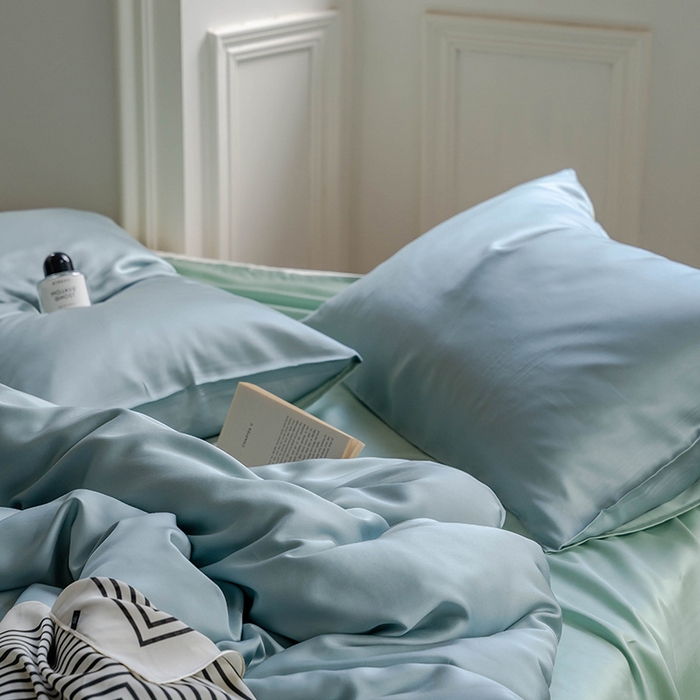 91家纺网 家纺一手货源 找家纺 麦田家纺 2025新款A类60S纯色兰精天丝四件套 天空蓝-浅艾绿