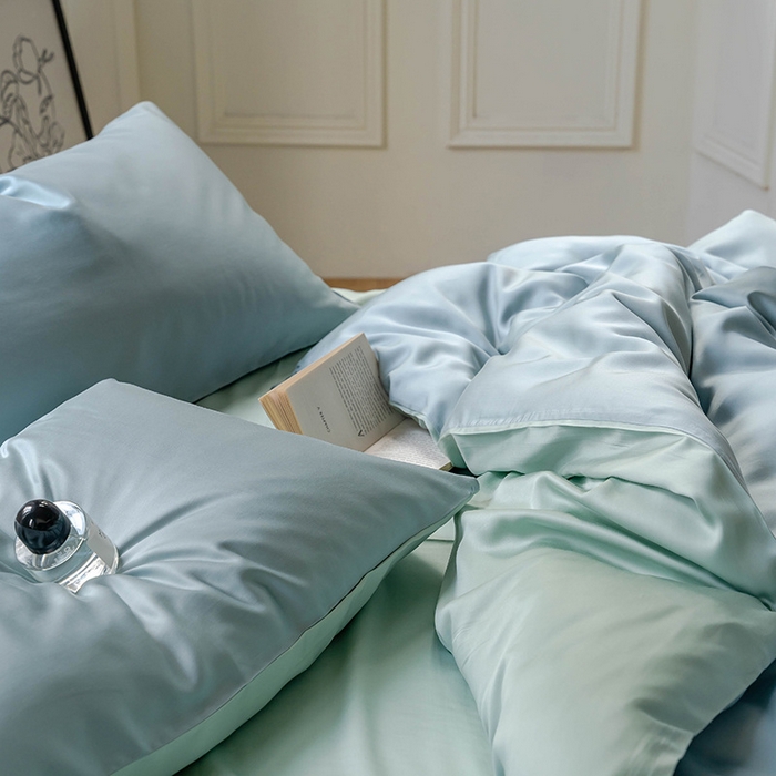 91家纺网 家纺一手货源 找家纺 麦田家纺 2025新款A类60S纯色兰精天丝四件套 天空蓝-浅艾绿