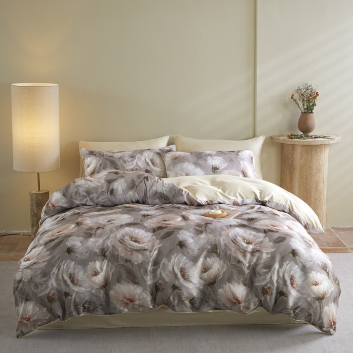 麦田家纺 2025新款A类冰丝天丝玉锦缎印花四件套 索莱娅咖