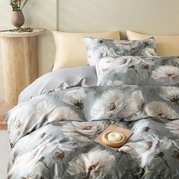 91家纺网 家纺一手货源 找家纺 麦田家纺 2025新款A类冰丝天丝玉锦缎印花四件套 索莱娅灰