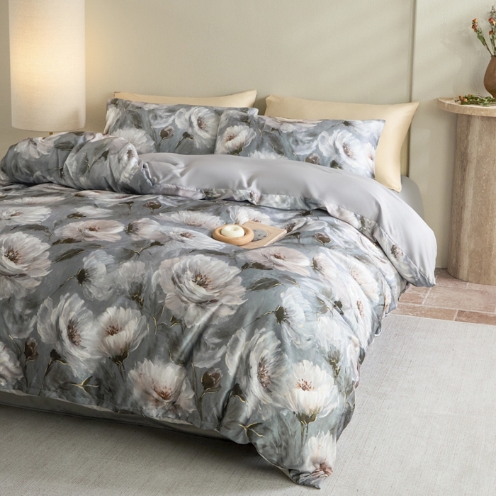 91家纺网 家纺一手货源 找家纺 麦田家纺 2025新款A类冰丝天丝玉锦缎印花四件套 索莱娅灰