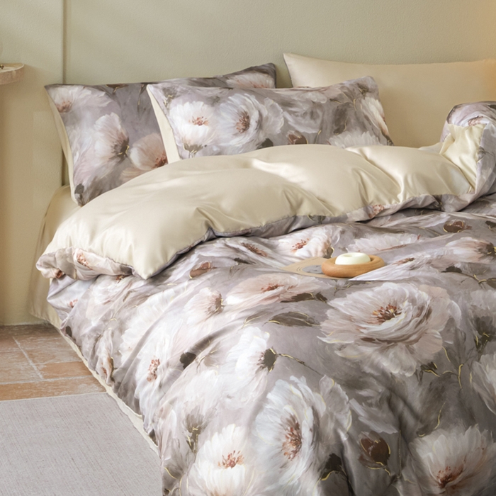 91家纺网 家纺一手货源 找家纺 麦田家纺 2025新款A类冰丝天丝玉锦缎印花四件套 索莱娅咖