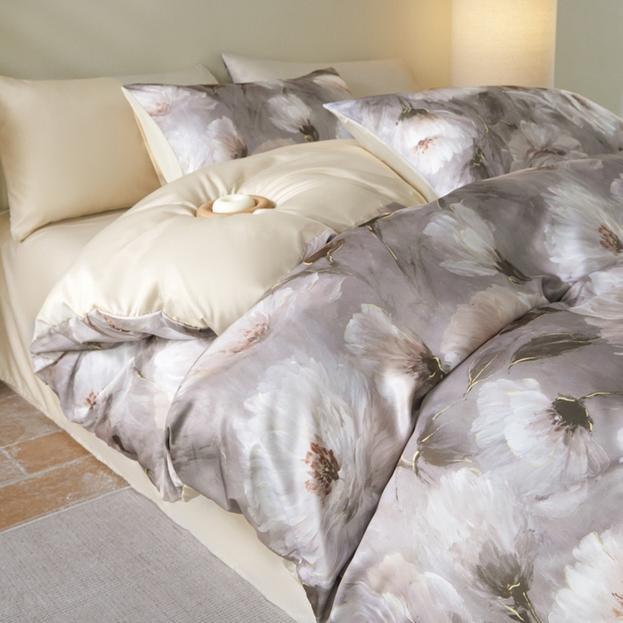 91家纺网 家纺一手货源 找家纺 麦田家纺 2025新款A类冰丝天丝玉锦缎印花四件套 索莱娅咖