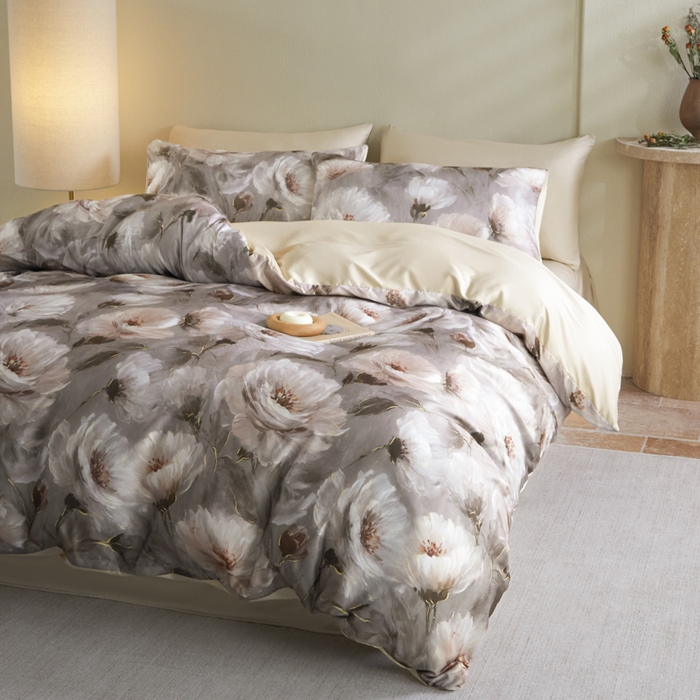 91家纺网 家纺一手货源 找家纺 麦田家纺 2025新款A类冰丝天丝玉锦缎印花四件套 索莱娅咖