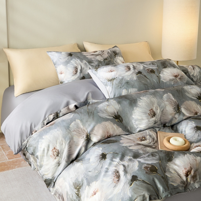 91家纺网 家纺一手货源 找家纺 麦田家纺 2025新款A类冰丝天丝玉锦缎印花四件套 索莱娅灰