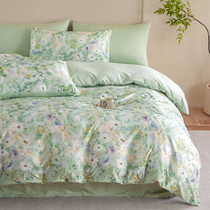 91家纺网 家纺一手货源 找家纺 麦田家纺 2025新款A类冰丝天丝玉锦缎印花四件套 千与千寻-绿