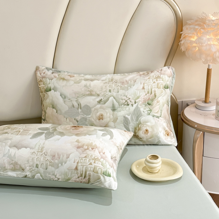 91家纺网 家纺一手货源 找家纺 麦田家纺 2025新款A类冰丝天丝玉锦缎印花四件套 丽梦园-绿