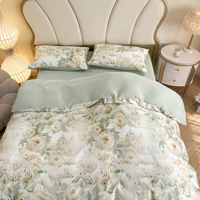 91家纺网 家纺一手货源 找家纺 麦田家纺 2025新款A类冰丝天丝玉锦缎印花四件套 丽梦园-绿