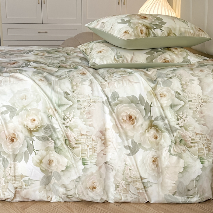 91家纺网 家纺一手货源 找家纺 麦田家纺 2025新款A类冰丝天丝玉锦缎印花四件套 丽梦园-绿