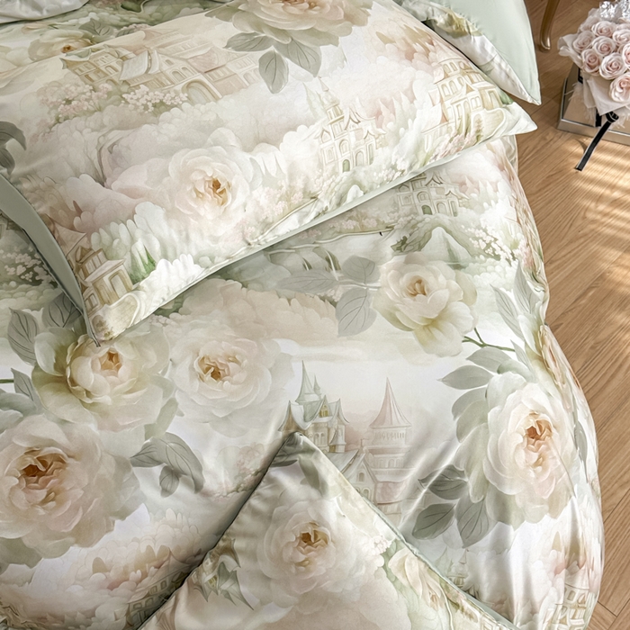 91家纺网 家纺一手货源 找家纺 麦田家纺 2025新款A类冰丝天丝玉锦缎印花四件套 丽梦园-绿