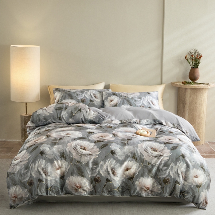 麦田家纺 2025新款A类冰丝天丝玉锦缎印花四件套 索莱娅灰