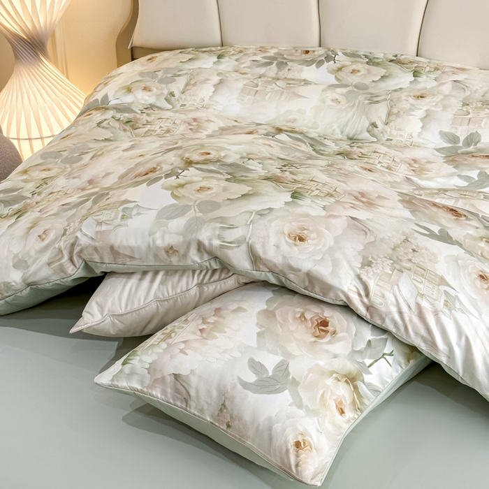 91家纺网 家纺一手货源 找家纺 麦田家纺 2025新款A类冰丝天丝玉锦缎印花四件套 丽梦园-绿