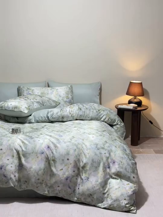 91家纺网 家纺一手货源 找家纺 麦田家纺 2025新款A类冰丝天丝玉锦缎印花四件套 千与千寻-绿