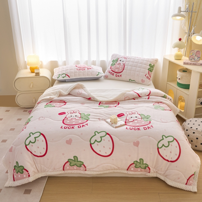 91家纺网 家纺一手货源 找家纺 莉莉安家纺 2025秋冬新款加厚三层夹棉牛奶绒贝贝绒毯冬季保暖盖毯复合毛毯 草莓啵啵