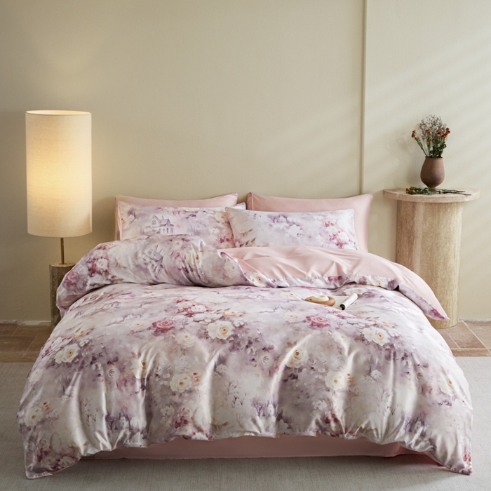 麦田家纺 2025新款A类冰丝天丝玉锦缎印花四件套 梦丽雅仙豆沙