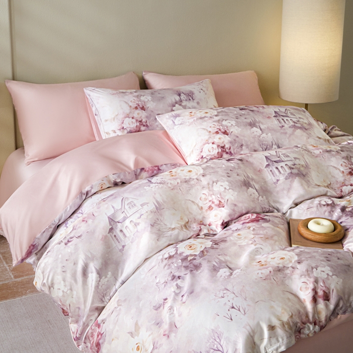 91家纺网 家纺一手货源 找家纺 麦田家纺 2025新款A类冰丝天丝玉锦缎印花四件套 梦丽雅仙豆沙