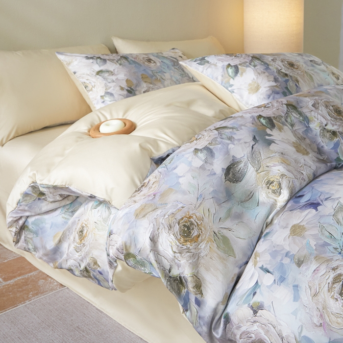 91家纺网 家纺一手货源 找家纺 麦田家纺 2025新款A类冰丝天丝玉锦缎印花四件套 莫奈玫瑰咖