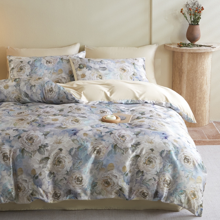 91家纺网 家纺一手货源 找家纺 麦田家纺 2025新款A类冰丝天丝玉锦缎印花四件套 莫奈玫瑰咖