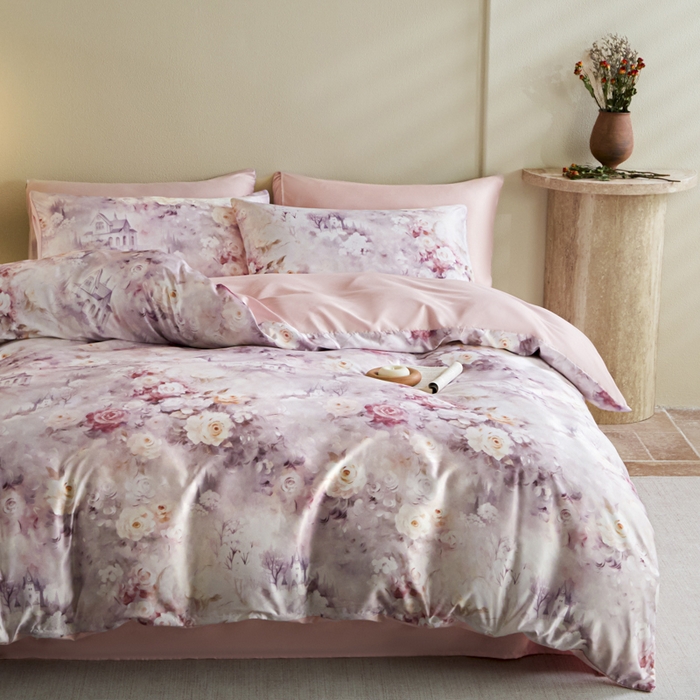 91家纺网 家纺一手货源 找家纺 麦田家纺 2025新款A类冰丝天丝玉锦缎印花四件套 梦丽雅仙豆沙