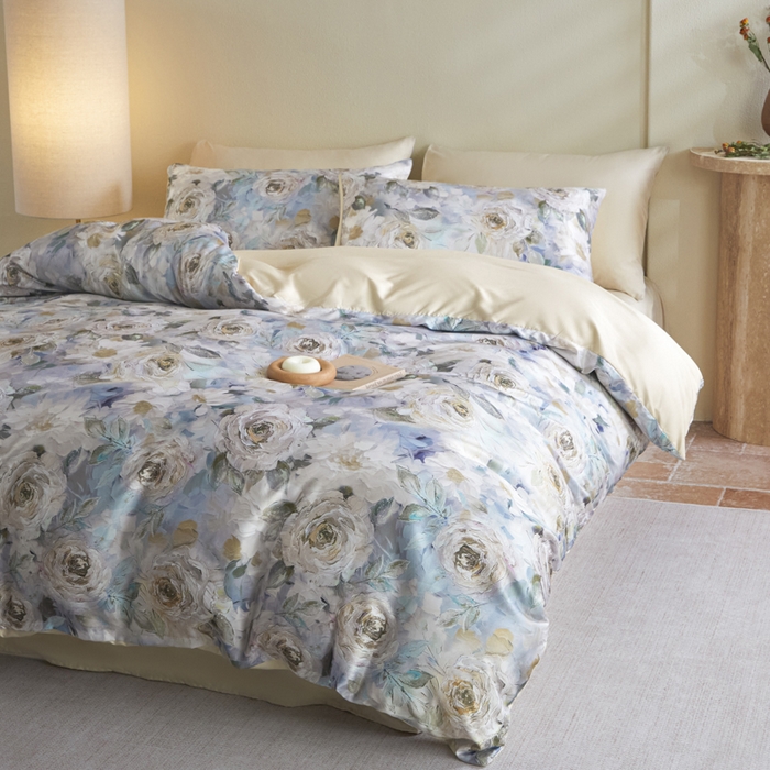 91家纺网 家纺一手货源 找家纺 麦田家纺 2025新款A类冰丝天丝玉锦缎印花四件套 莫奈玫瑰咖