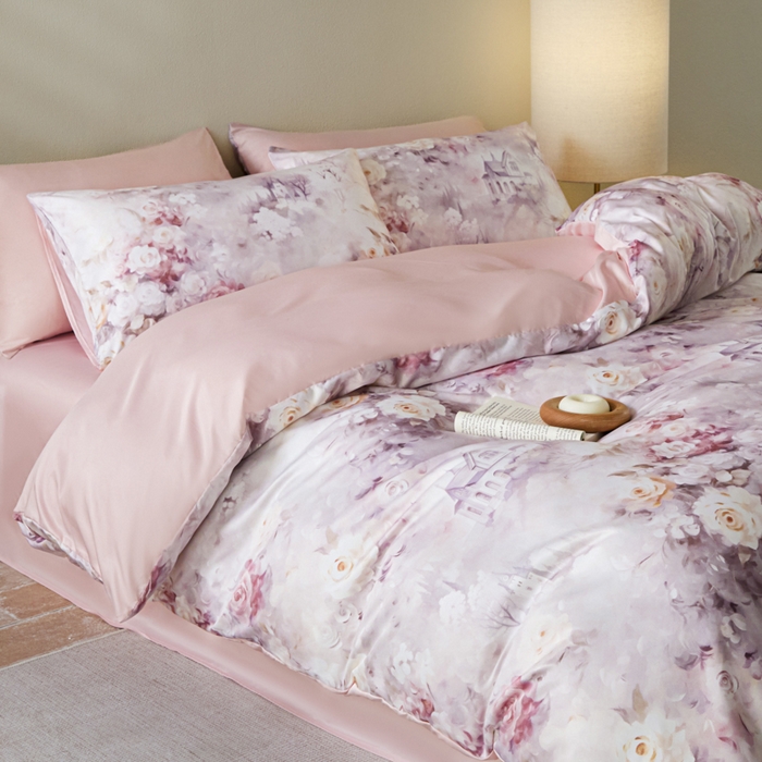 91家纺网 家纺一手货源 找家纺 麦田家纺 2025新款A类冰丝天丝玉锦缎印花四件套 梦丽雅仙豆沙