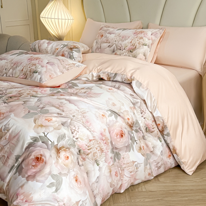 91家纺网 家纺一手货源 找家纺 麦田家纺 2025新款A类冰丝天丝玉锦缎印花四件套 丽梦园-玉