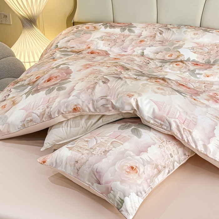 91家纺网 家纺一手货源 找家纺 麦田家纺 2025新款A类冰丝天丝玉锦缎印花四件套 丽梦园-玉